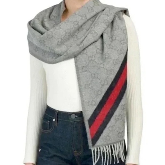 NEW GUCCI ‘New Nikky’ 570603 Web Fringe Wool Alpaca Zinc Blue Gray Unisex Scarf - Picture 1 of 9